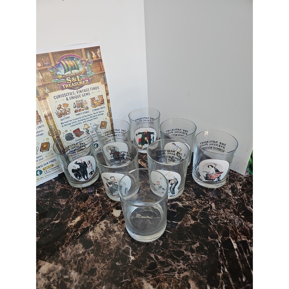 The Saturday Evening Norman Rockwell Glass Cup "The Gift" Jan. 25, 1936 Set Of 8